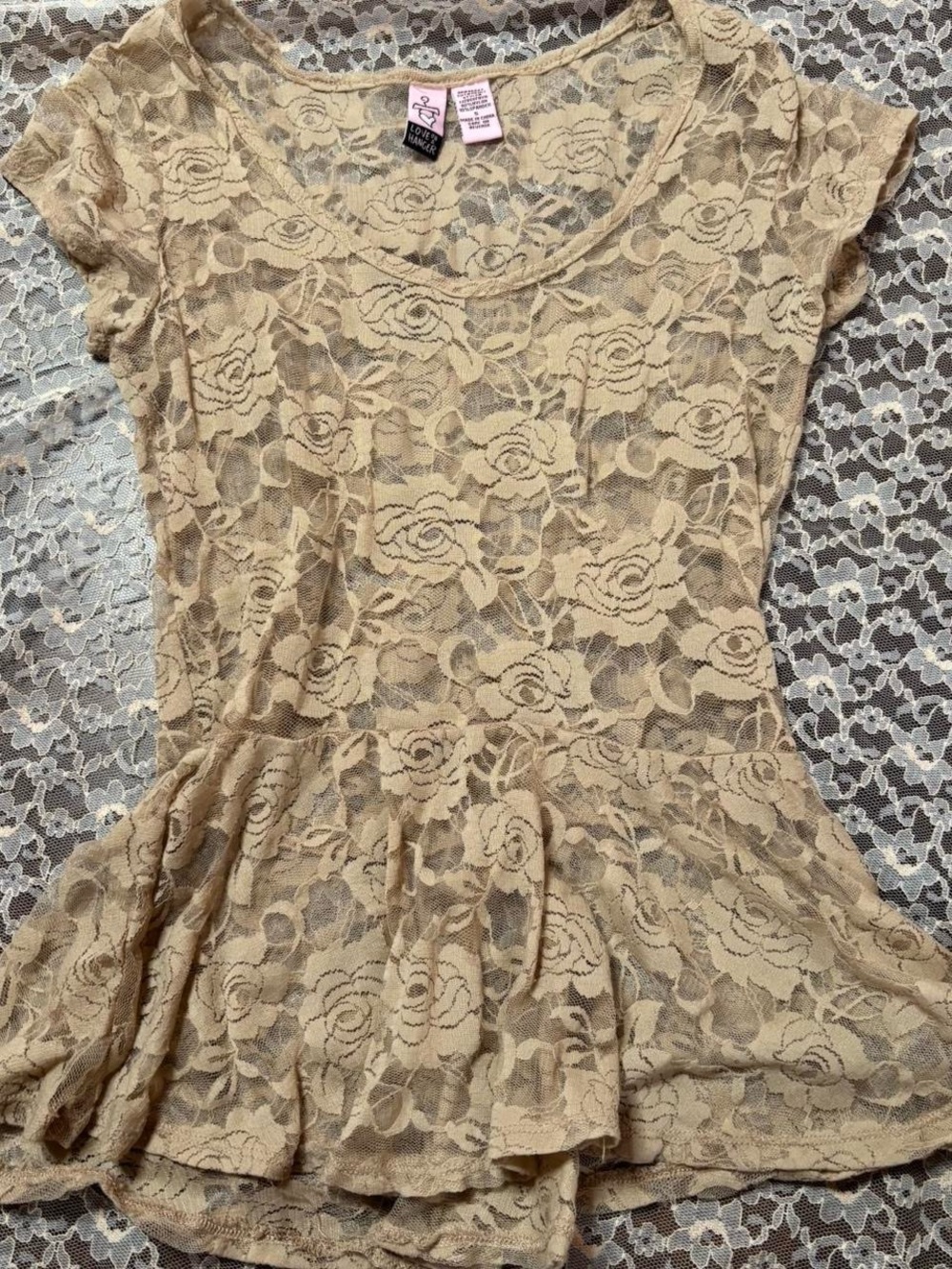 love on a hanger Beige Lace Peplum Short Sleeve Top